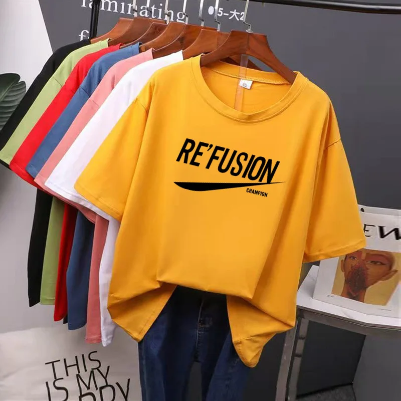 

2021 Summer Korean Women's Round Collar Sports T-shirt Fashion Loose Bottom Shirts Art Letter & Small Daisy Short Sleeves