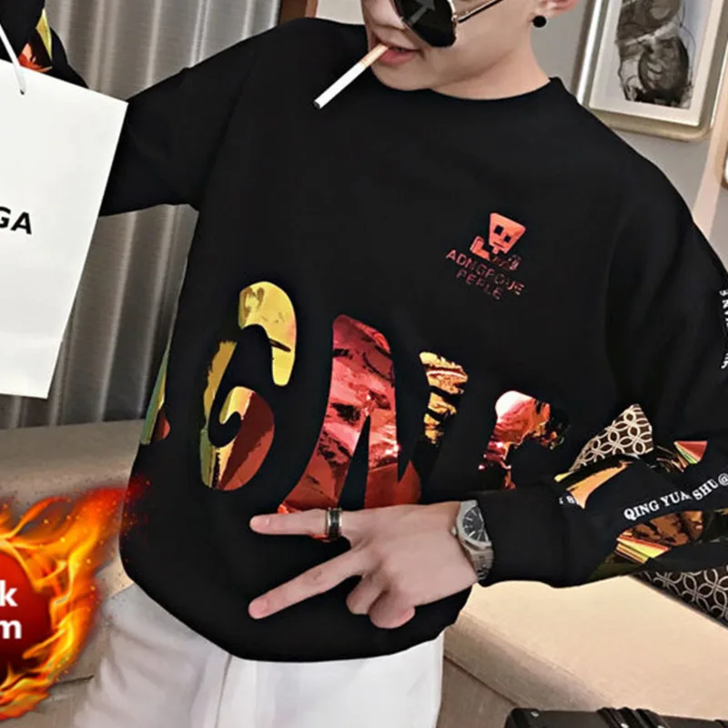 

Fall Winter Social Ruffian Handsome Loose Simple Plush Thickened Sweatshirt Pullover Top Letter Sweatshirt Men Hoodie Hip Hop