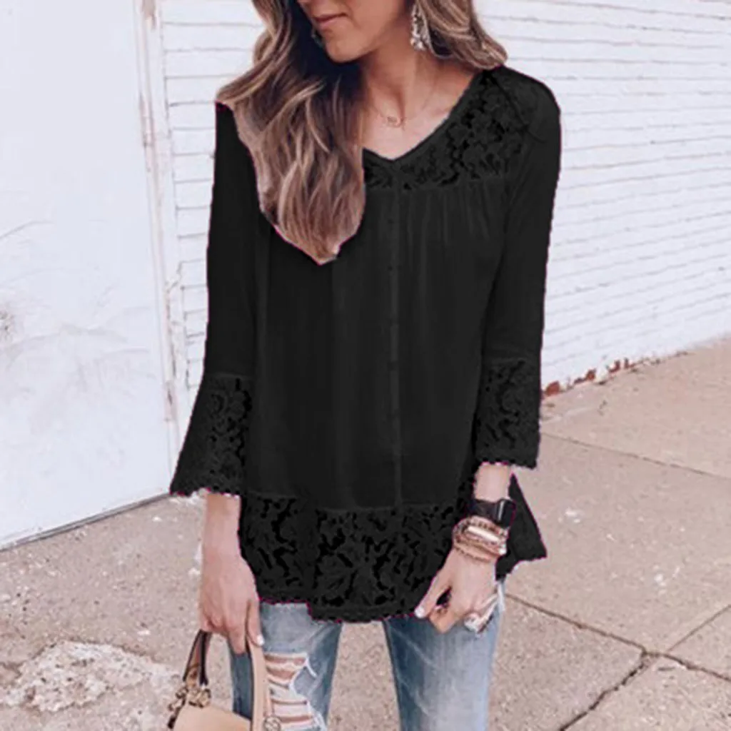 SAGACE Cute Solid Hollow Out Lace Women Tops Plus Size T Shirt Blouses Shirts Casual Ladies Vintage Long Sleeve Blouse | Мать и ребенок