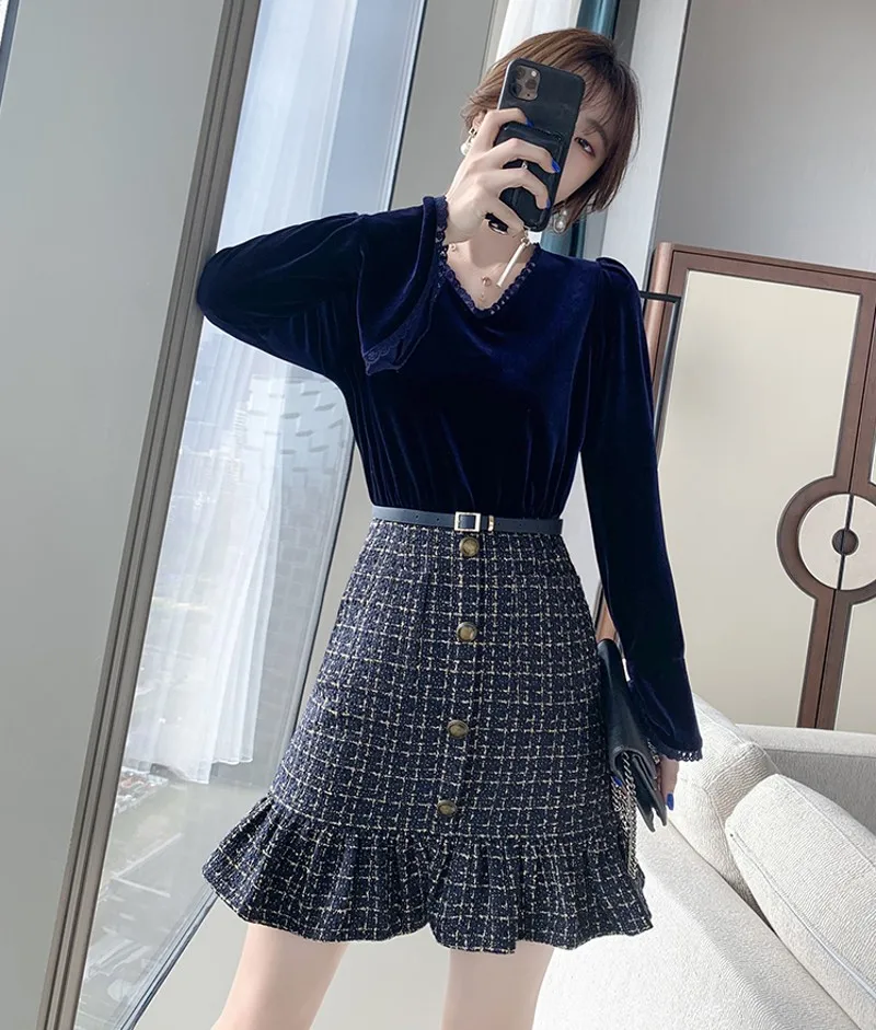 

2021 Spring Vintage Women Fit Silm A-Line Velvet Tweed Patchwork Dress Office Lady V-Neck Flare Sleeve Casual OL Dress With Belt