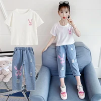 girls clothes summer childrens casual clothes pure cotton solid color short sleeved short t shirt cow trousers 2 piece streetwe
