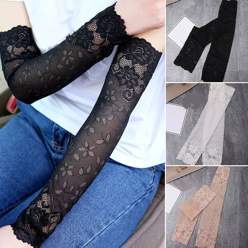 

2020 fashion Women Summer Sexy Lace Gloves Sunscreen Long Lace Fingerless Mittens Covered Elastic Sleeve Ladies Driving Gloves