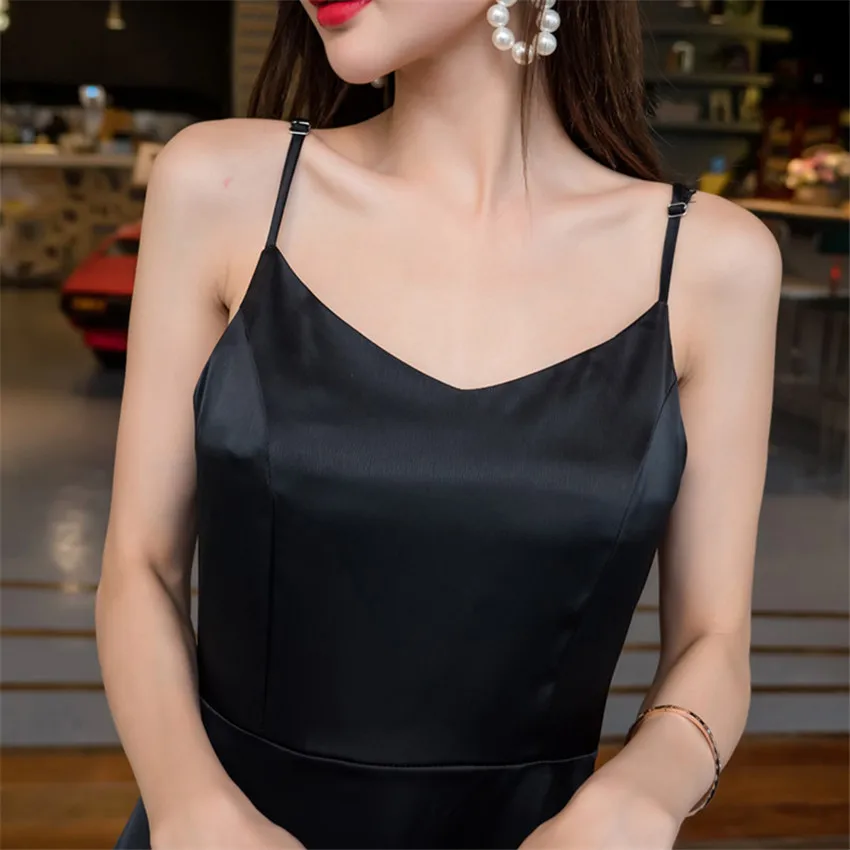 Женское атласное платье-комбинация элегантное черное платье с v-образным вырезом