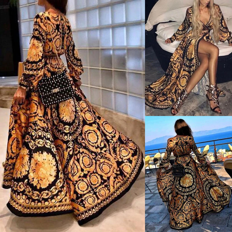 

2020 New Style Fashion Elegant Women Sexy Boat Neck Glitter Deep V Neck Print Party Dress Formal Long Dress Sexy Clubwear