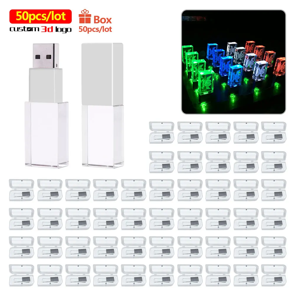 50 шт./лот usb интерфейс флэш накопитель кристалл LED свет pendrive 64 Гб настроить 3d