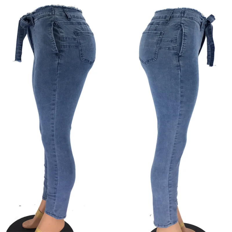 

2020 New Arrival Summer Style Female Fashion Sexy Summer Bow Solid Skinny Mid Waist Hot Night Club Denim Pencil Pants
