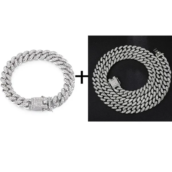 Silver Chain Braclet Ожерелье в стиле хип-хоп+ часы+ браслет, полностью вымощенные стразы, кубинская цепочка в стиле кантри, золото, CZ, побрякушка для Мужчин, Ювелирные изделия - Окраска металла: Silver Chain Braclet
