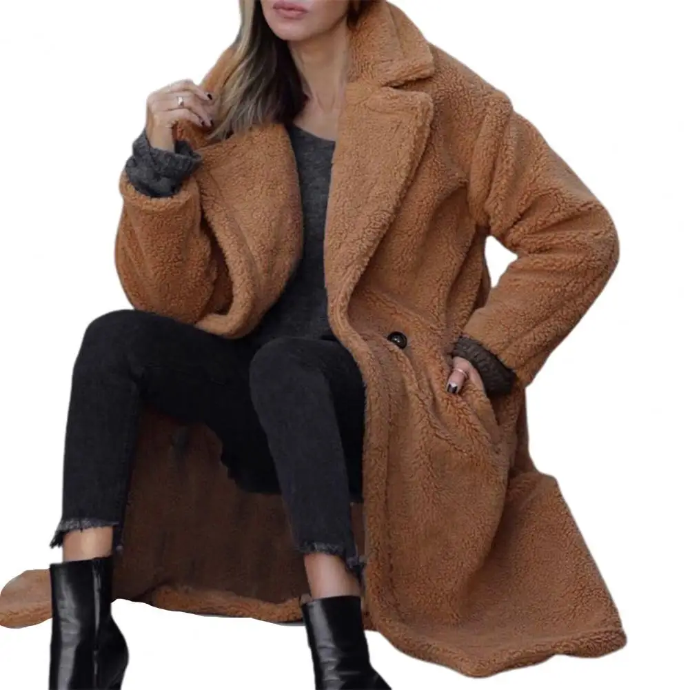 

Open Front Long Sleeve Winter Coat Women Double-Sided Velvet Solid Color Lapel Single Button Women Coat Outerwear Casual