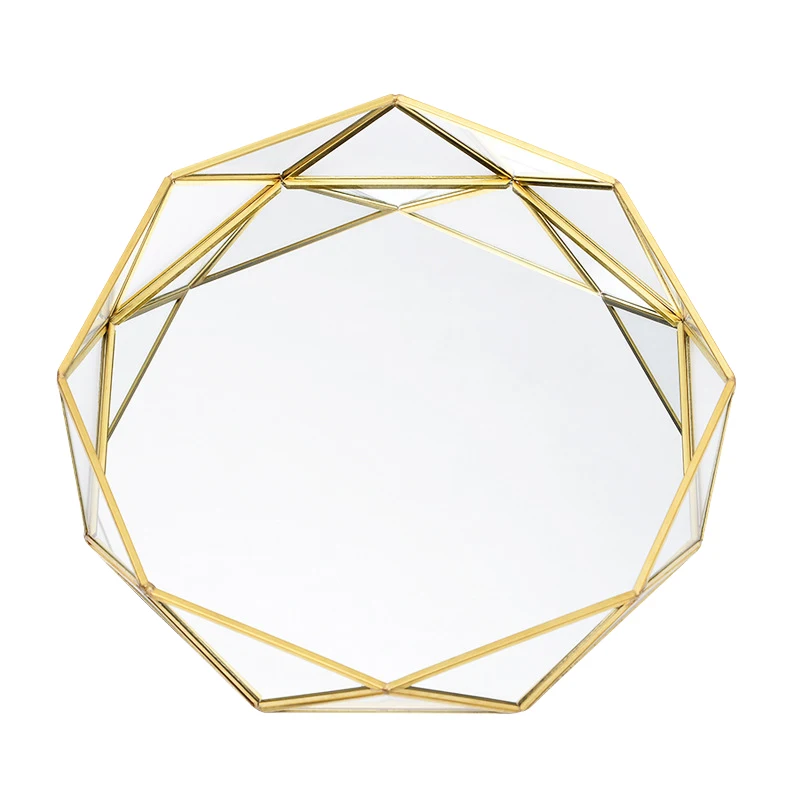 

Vintage European Glass Metal Storage Tray Gold Geometric Round Fruit Plate Desktop Small Items Jewelry Display Tray