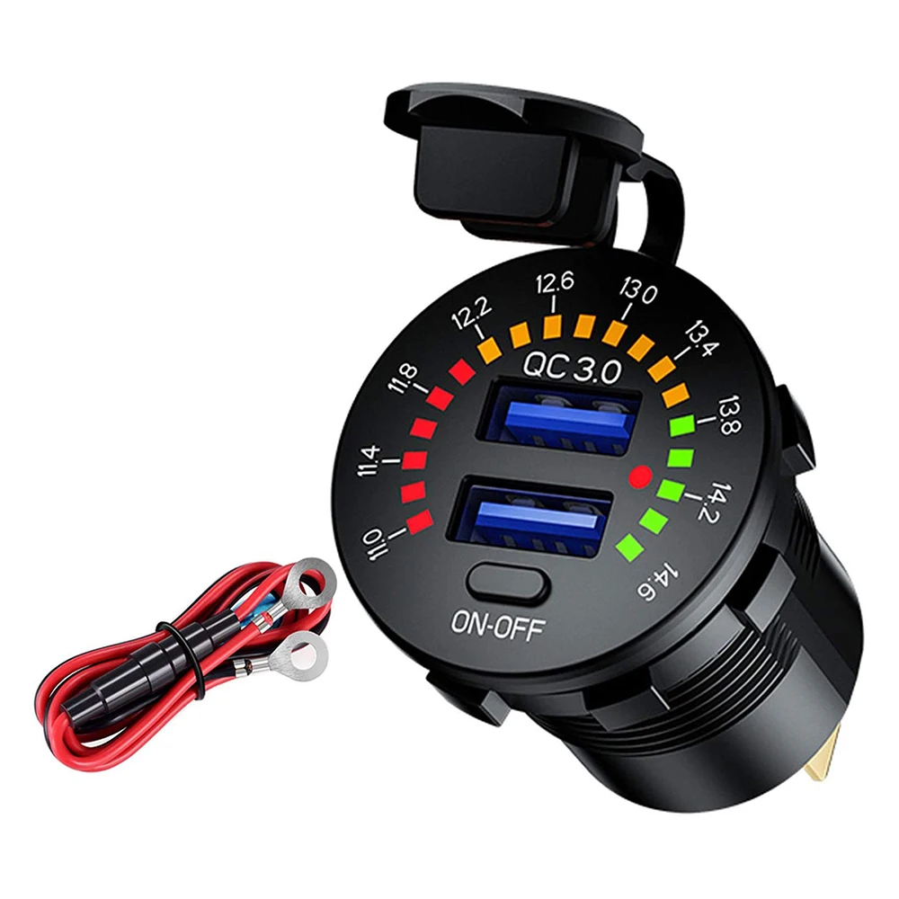 

QC 3.0 Dual USB Charger ON/Off Switch Colorful Voltmeter Wire Fuse Waterproof 12V 36W for Car,Marine,Boat,RV,Truck,Golf Cart