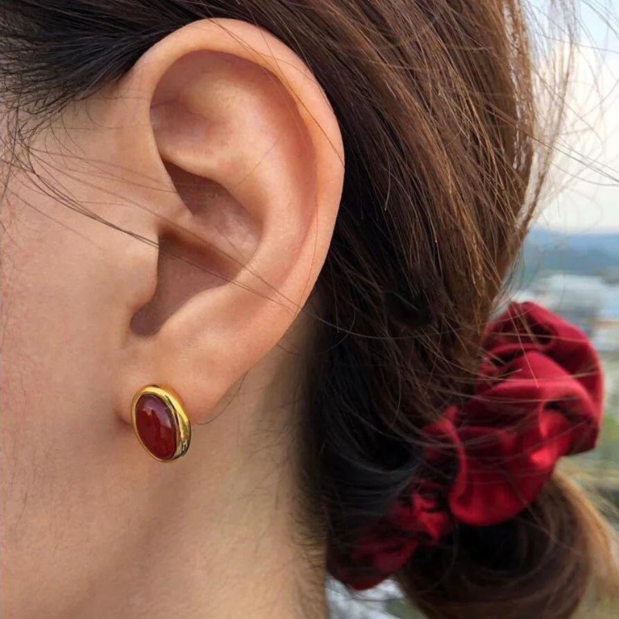 

12mm*10mm 18k gold 100% Authentic 925 Sterling silver red Agate Oval Stud earrings new TLE1130
