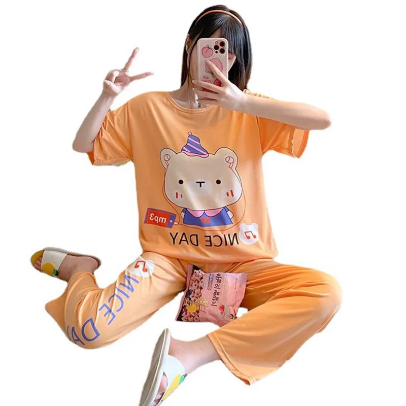 

Women Pajamas Summer Thin Loose Cartoon Sleepwear Korean Style 2 Pieces Female Pyjama Anime Sailor Bear Pijama Home Clothes