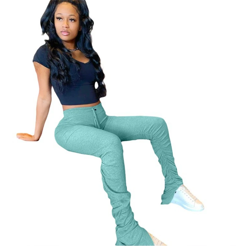 

High Waist Sweatpants Women Joggers 2021 Elastic Summer Stacked Leggings Bell Bottom Trouser Split Hem Flare Ruched Pant