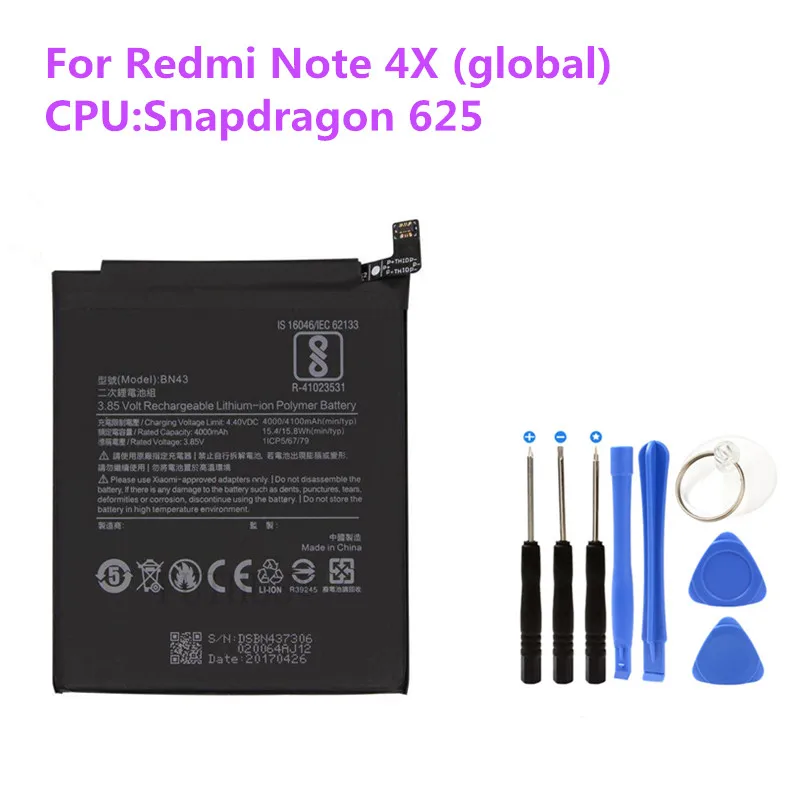 Встроенный аккумулятор для телефона, Сменные Аккумуляторы BN43 для Xiaomi mi Red mi Note 4X4 X/Note 4 global Snapdragon 625+ Бесплатные инструменты