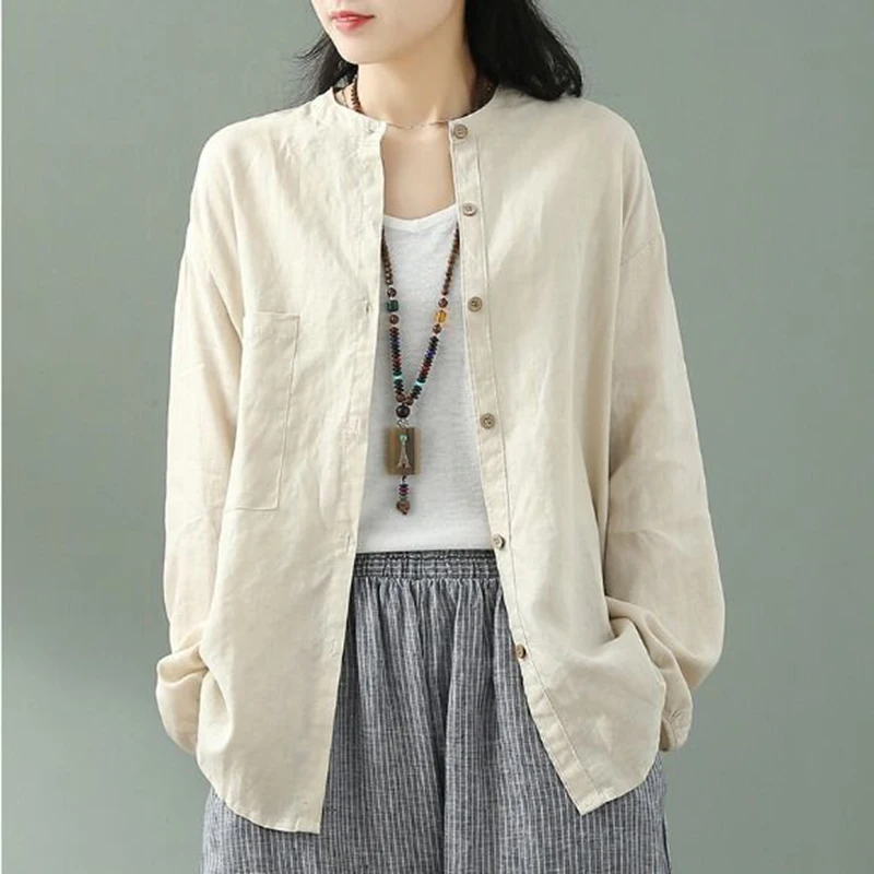 Женская блузка с длинным рукавом из хлопка и льна круглым вырезом | одежда