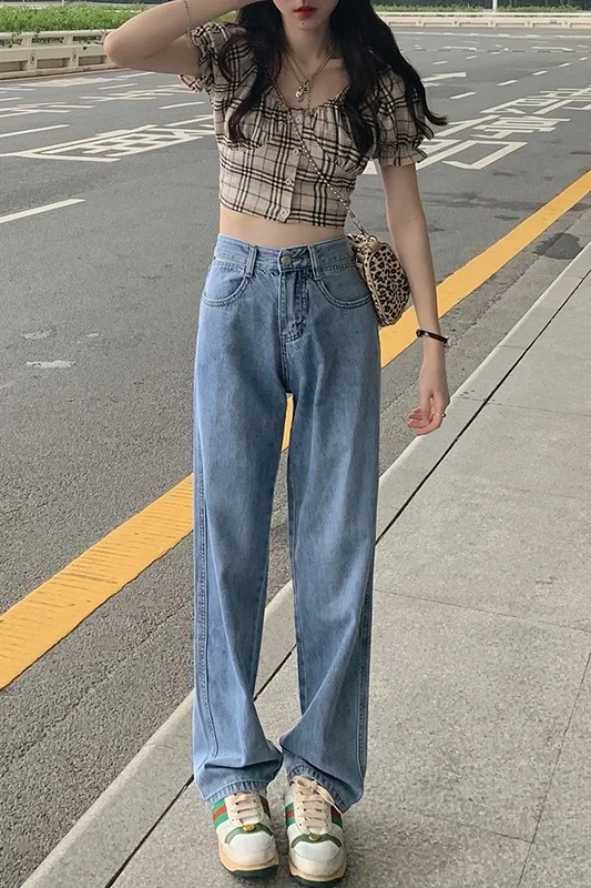 Женские джинсы с завышенной талией и широкими штанинами тонкие женские