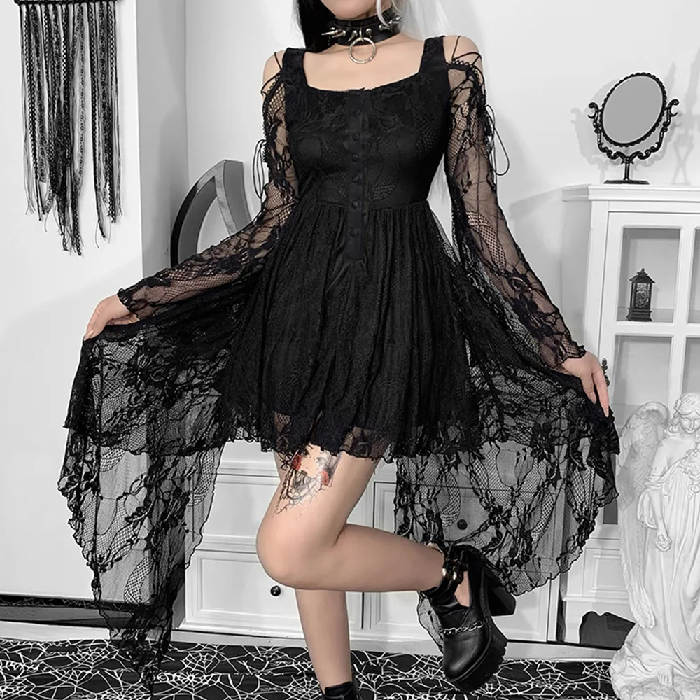 

New Fashion Autumn And Winter Dark Gothic Style Lace Mesh See-through Jumpsuit Group Drag A-line Strapless Short Skirt Female