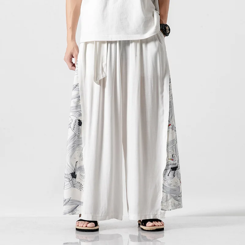 

Prowow Cotton Linen Wide Leg Pants Chinese Style Patchwork Vintage Man Leisure Trousers 2021 Summer Harem Pants Fashion Pants