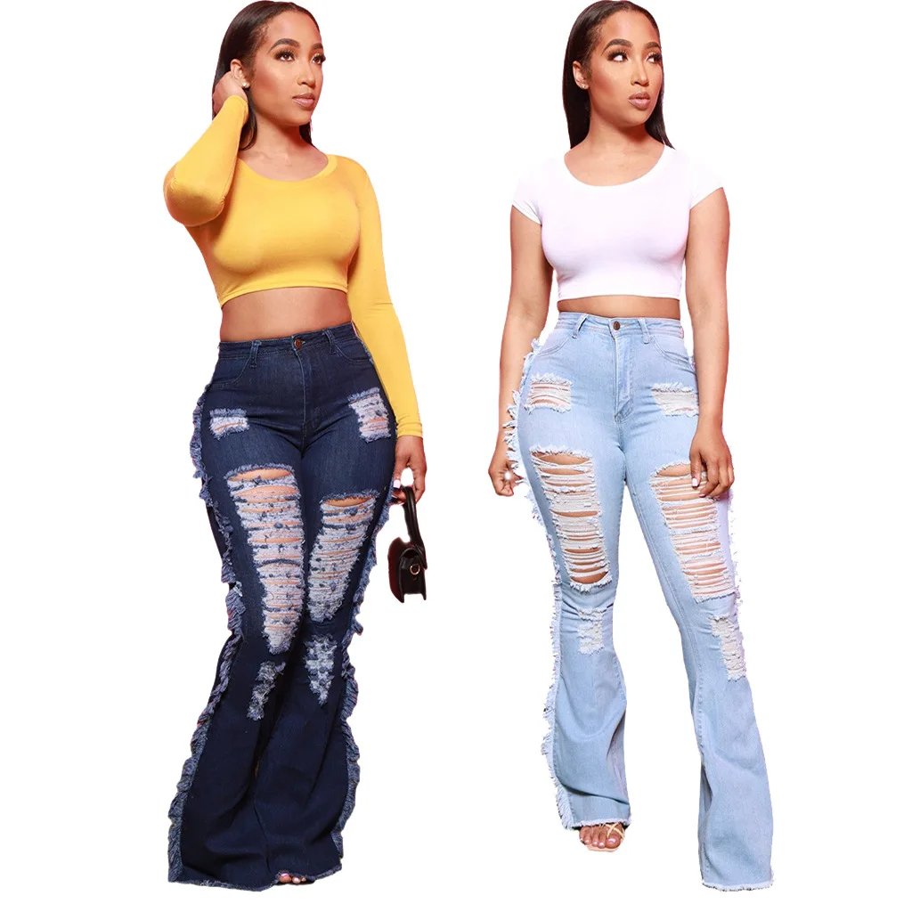 

Женские джинсы модные трендовые универсальные рваные Стрейчевые узкие джинсы для мам расклешенные брюки