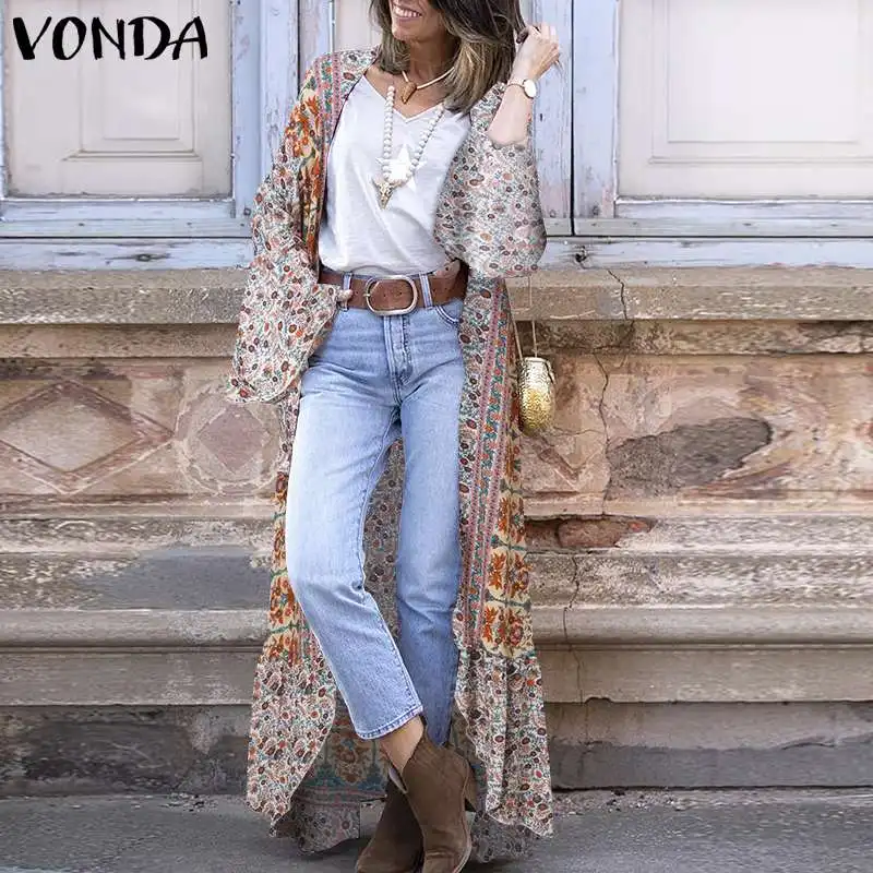 

Holiday Cardigans 2021 VONDA Women Casual Ruffled Hem Long Blouses OL Office Shirts Vintage Floral Printed Flare Sleeve Blusas