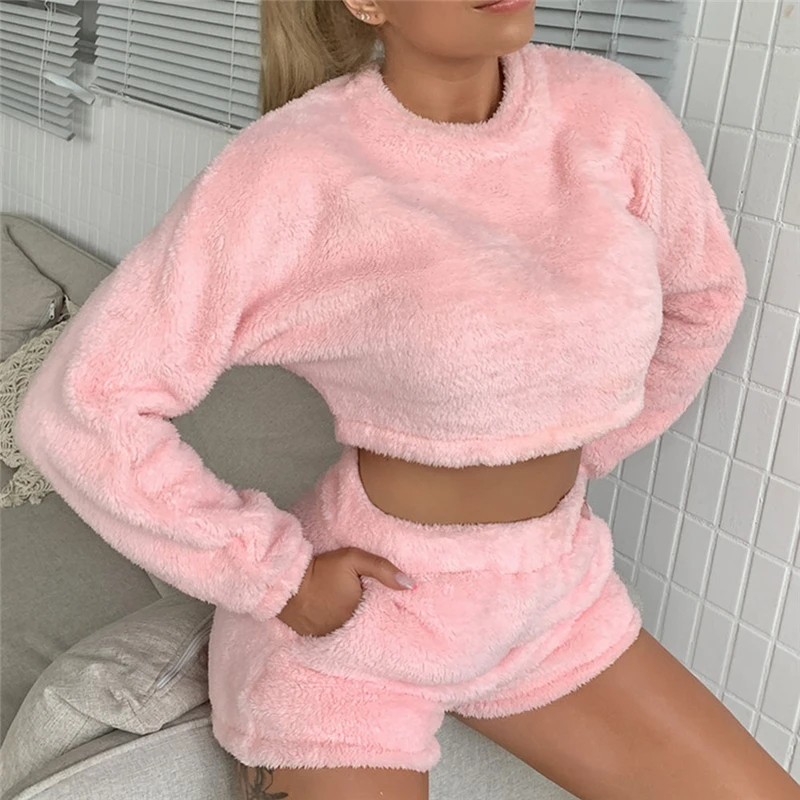 

Autumn Winter 2 Pieces Set Women Warm Streetwear 2022 Sexy New Long Sleeve Pullovers T-shirt Crop Tops High Waist Shorts Pants