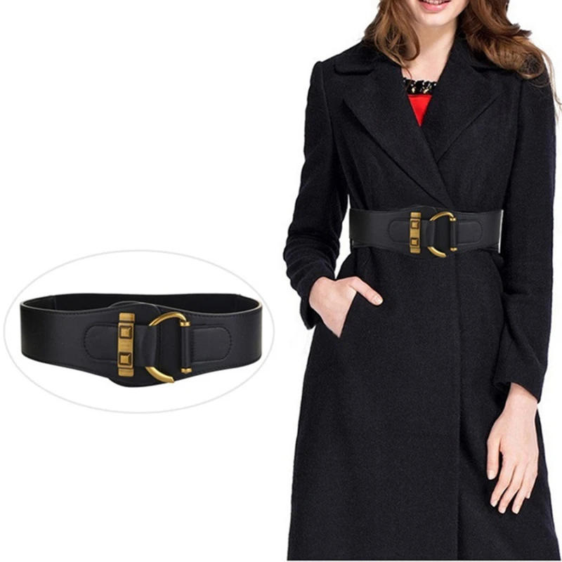 

Fashion Real Genuine Leather Elastic Female Overcoat Wide Waist Seal Patent Down Jackets Cowhide Belt for Women