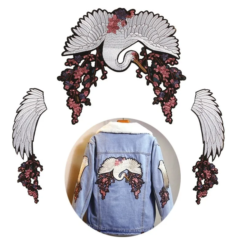 

Red-crowned Crane Embroidery Patches Flower Wings Iron on T-Shirt Jackets Coats Sew on Fabric Clothes Birds Eagle Appliques