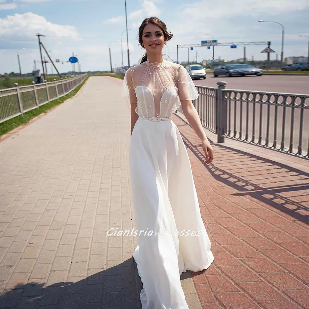 

Boho High Neck Illusion Bohemian A-Line Wedding Dress Short Sleeve Beading Pearls Sashes Chiffon Bridal Gown Vestido De Novia