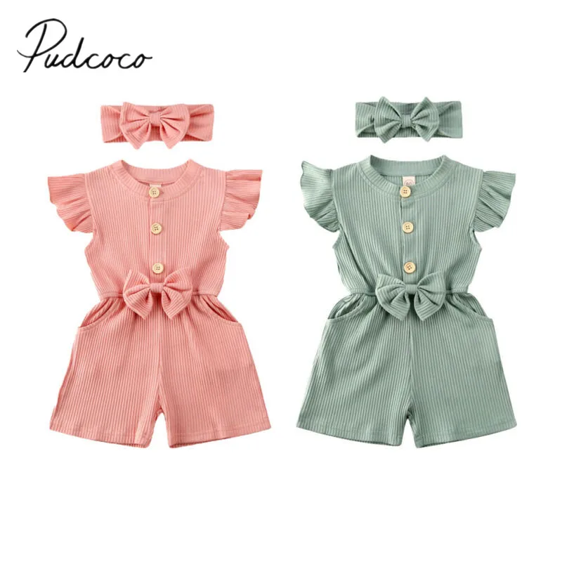 2 шт. детский трикотажный комбинезон с бантом и рукавами мушами|Ромперы| |