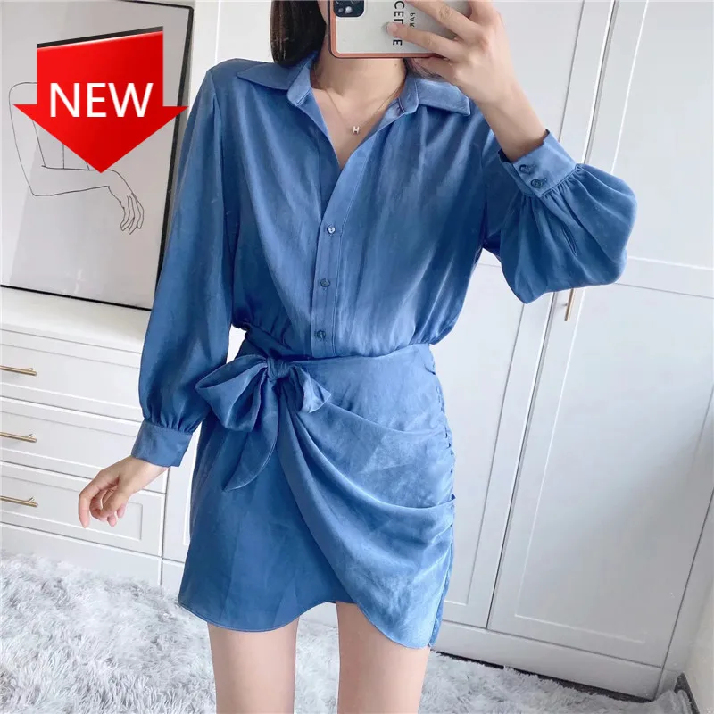 

Long Sleeve Woman Dress Fashion Elastic Waist Casual Dresses Spring Za 2021 Blue Mini Satin Dress Women Elegant Knot