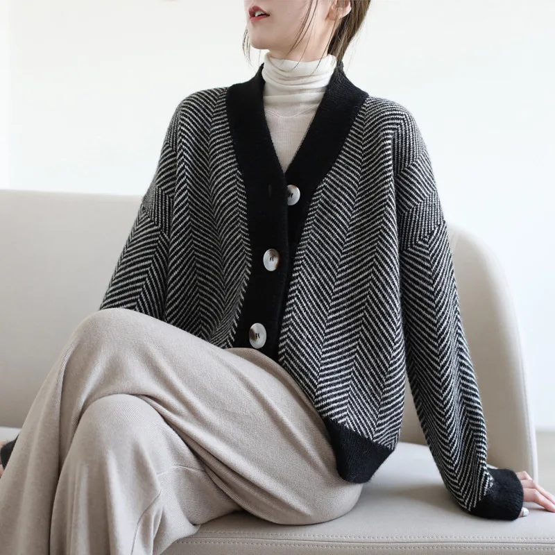 

Autumn Winter Cardigan Women Elegant Striped Button Long Sleeve Cardigans Sweater Female All-Match Knitted Jacket Coat Suéteres