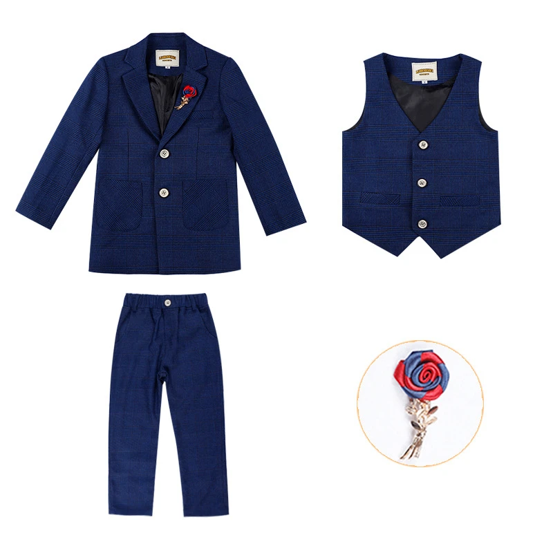 A blue 3pcs Детский Свадебный костюм в клетку в британском стиле высококачественный брендовый блейзер для мальчиков, жилет брюки, комплект из 3 предметов, детские праздничные костюмы официальные костюмы - Цвет: A blue 3pcs