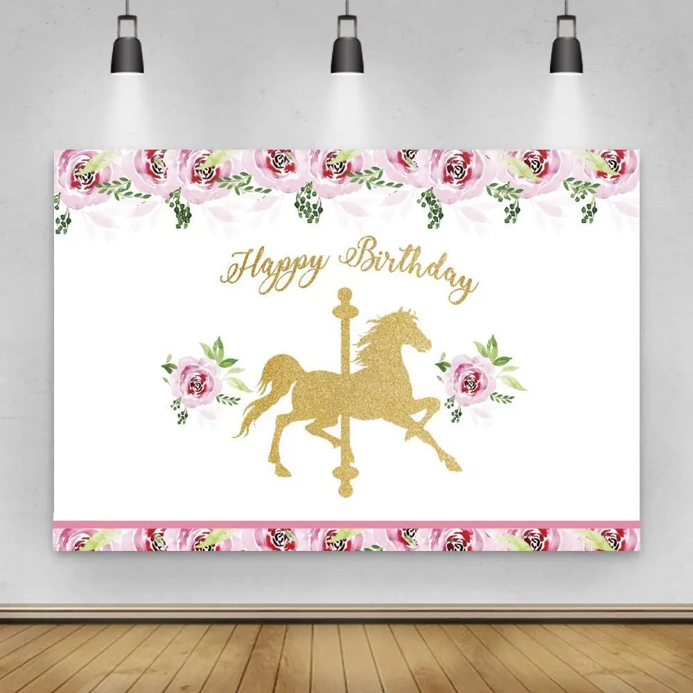 

Фон принцессы на день рождения для украшения вечеринки Золотая лошадь розовые цветы ранние точки для девочек баннер на день рождения Рекви...