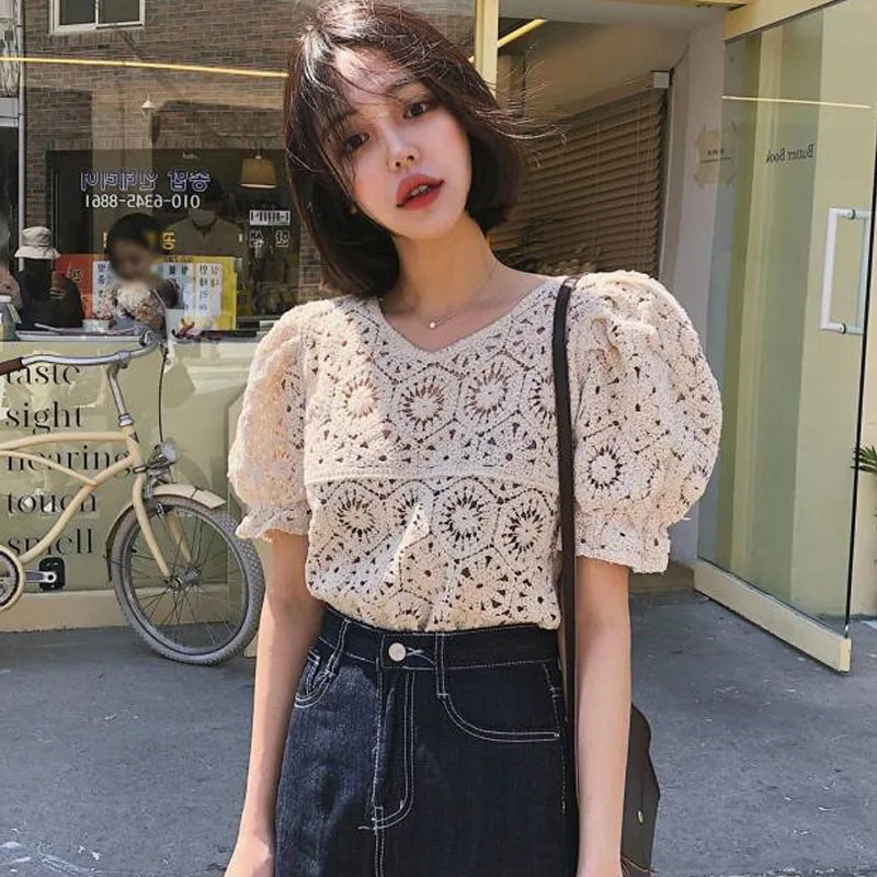Женский ажурный топ с круглым вырезом однотонная хлопковая трикотажная рубашка