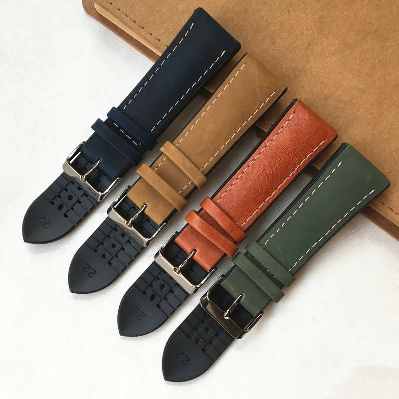20mm 22mm 24mm Green Blue Brown Leather + Rubber Watch Band For Amazfit Huawei GT Samsung Gear S3 Strap Hamilton Tudor Bracelet