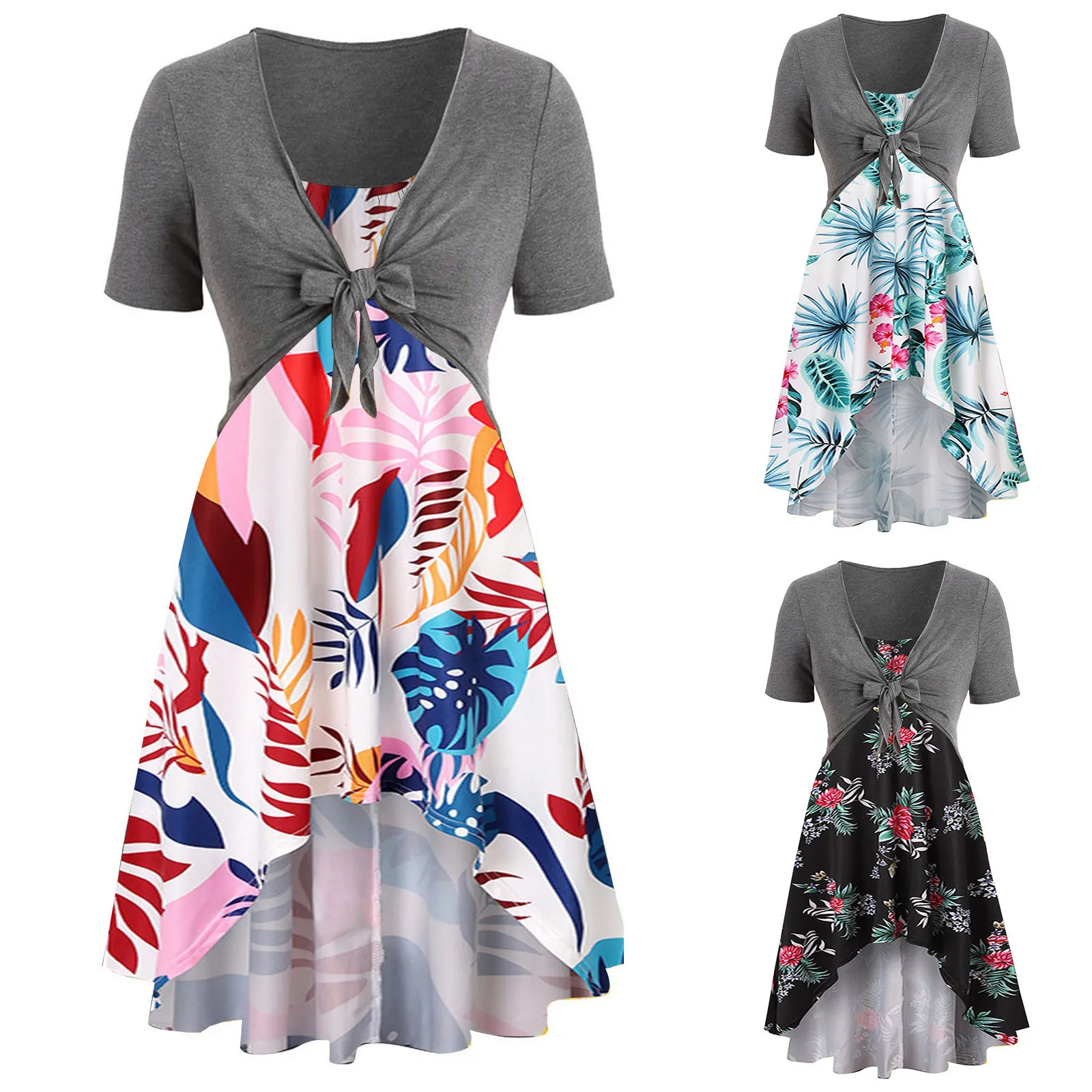 Женские летние платья короткий рукав бант с бандажным лифом Цветочный Принт