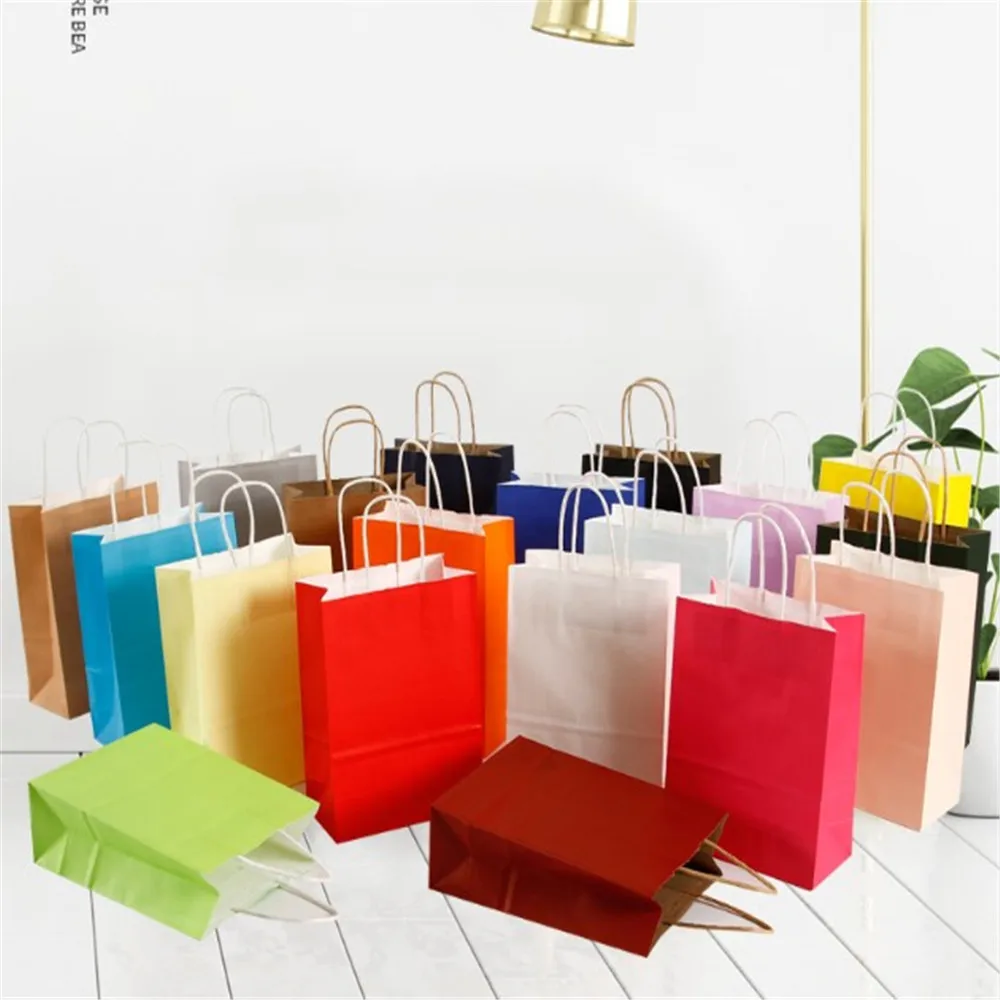 

1pc Recyclable 10 Colors Party Bags Kraft Paper Gift Bag With Handle Shop Loot Bag