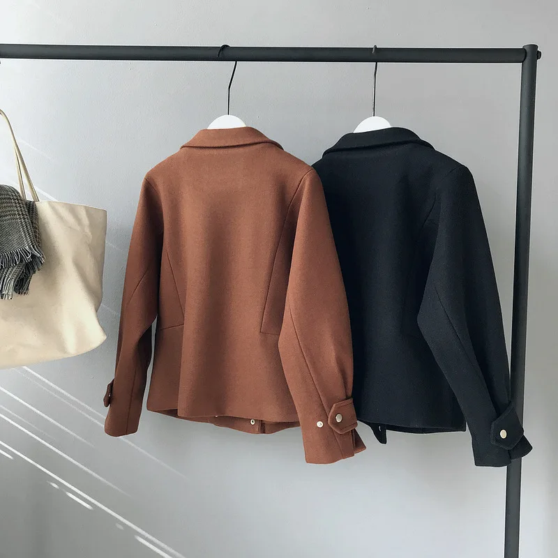 

JCHB 2021 Blend New Solid Short Wool Ladies Coat Double Breasted Solid Women's Jacket Pockets Korean Womens Fashion Coat