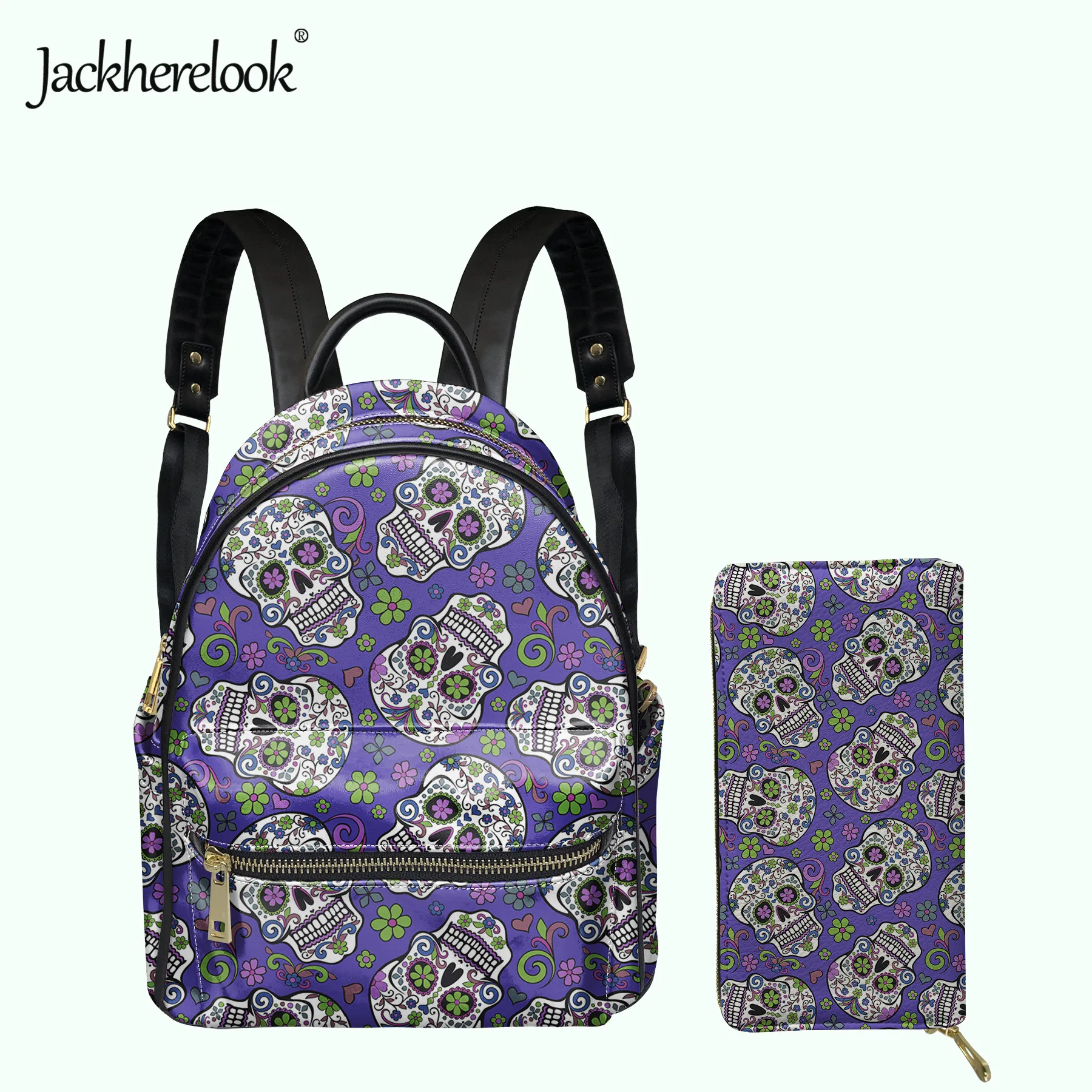 

Jackherelook Cool Sugar Skull Floral Pattern Women School Bakpack Card Holder Wallet 2pcs/Set PU Leather Schoolbag for Girls