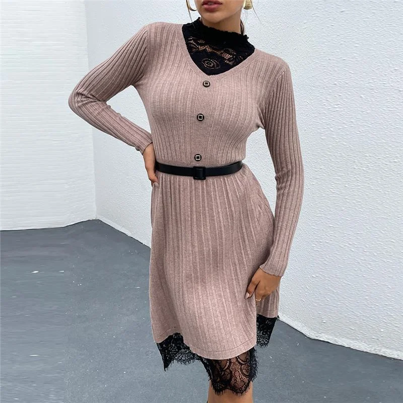 

Sexy Dress Women Knitted Solid Lace Sweet Dress Long Sleeve Patchwork Party Dresses High Waist Vocation Style Female Clothing