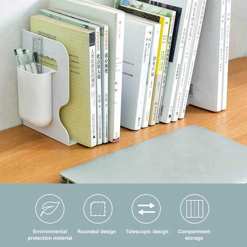 

Adjustable Bookend Book Shelf Retractable Book Stand Multi Compartments With Pen Holder Desktop Organizer Home Office Holder