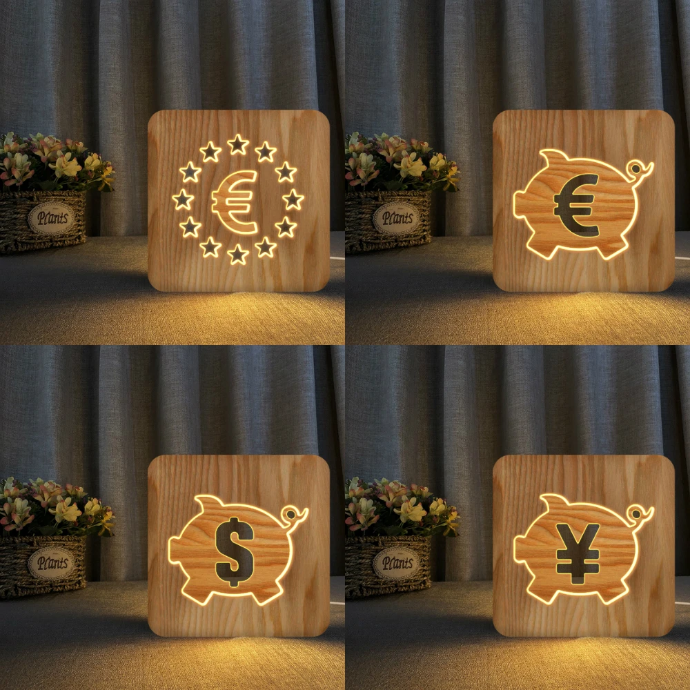 

Валюта знак евро доллар фунта 3D ночной Светильник USB деревянное основание DIY ночной Светильник для экономии подарка праздничный светильник Прямая поставка