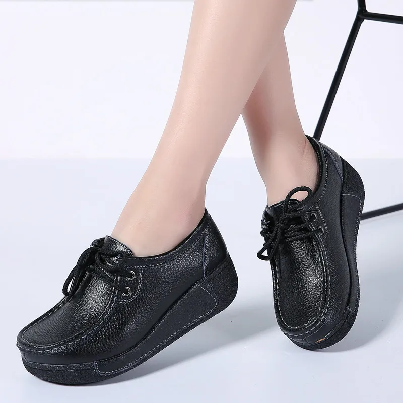 2020 Autumn Women Platform Sneakers Shoes Ladies Genuine Leather Lace Up Flats Thick Heel | Обувь