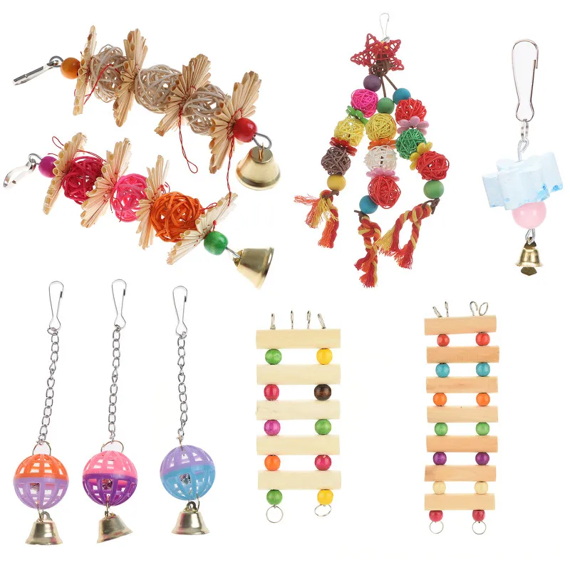 

Birds Pets Parrots Ladders Climbing Toy Hanging Colorful Balls With Natural Wood