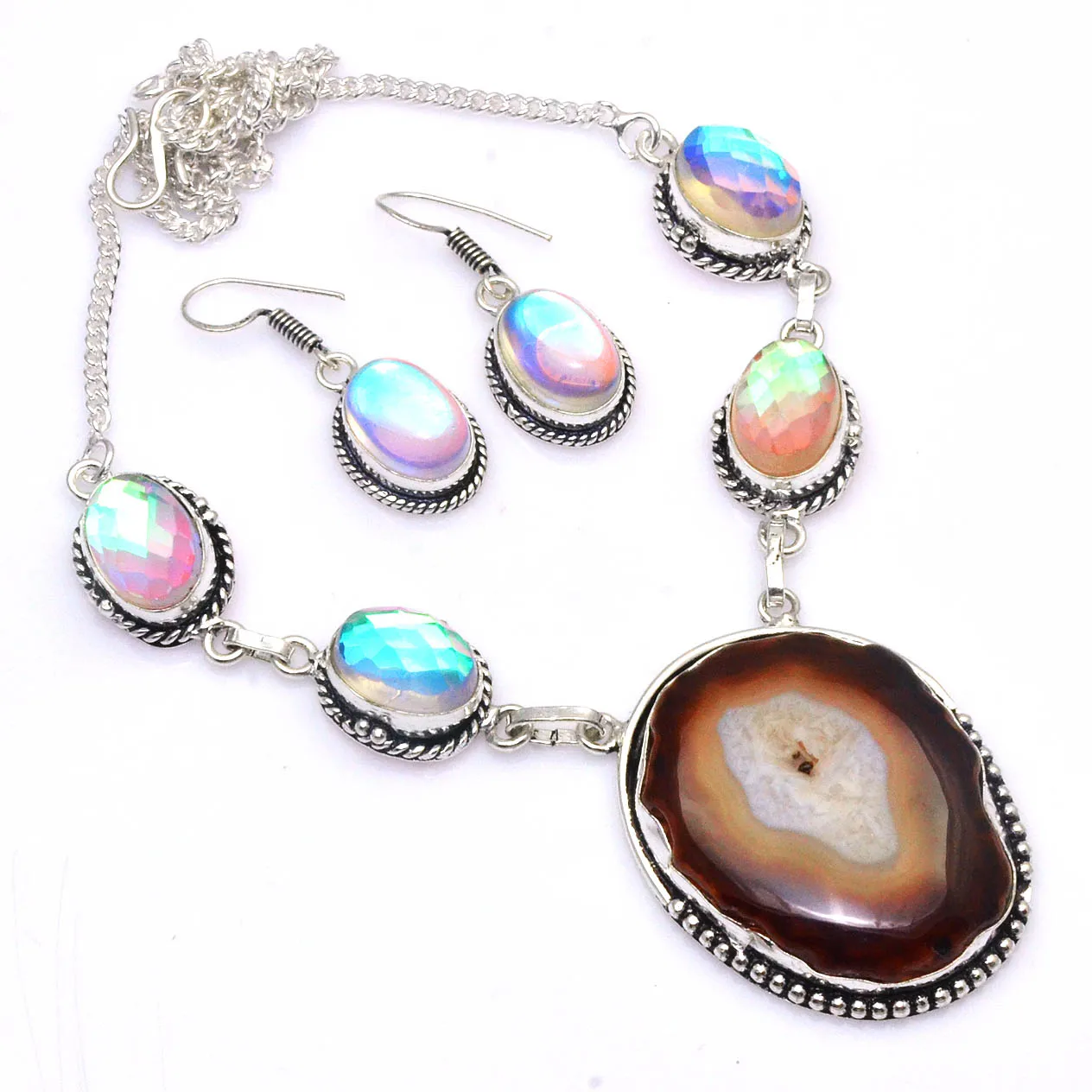 

Genuine Solar Quartz + Rainbow Fire Topaz Necklace + Earings Silver Overlay over Copper, 48.5 cm , N4674