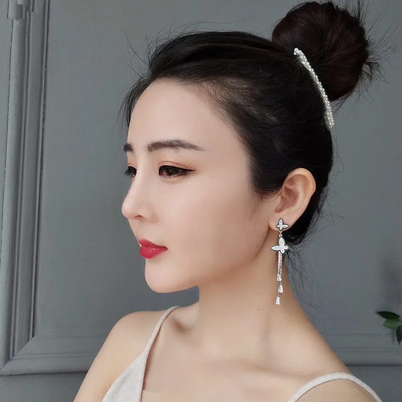 

Butterfly long Tassel Earrings women's 925 silver needle Crystal Stud Earrings
