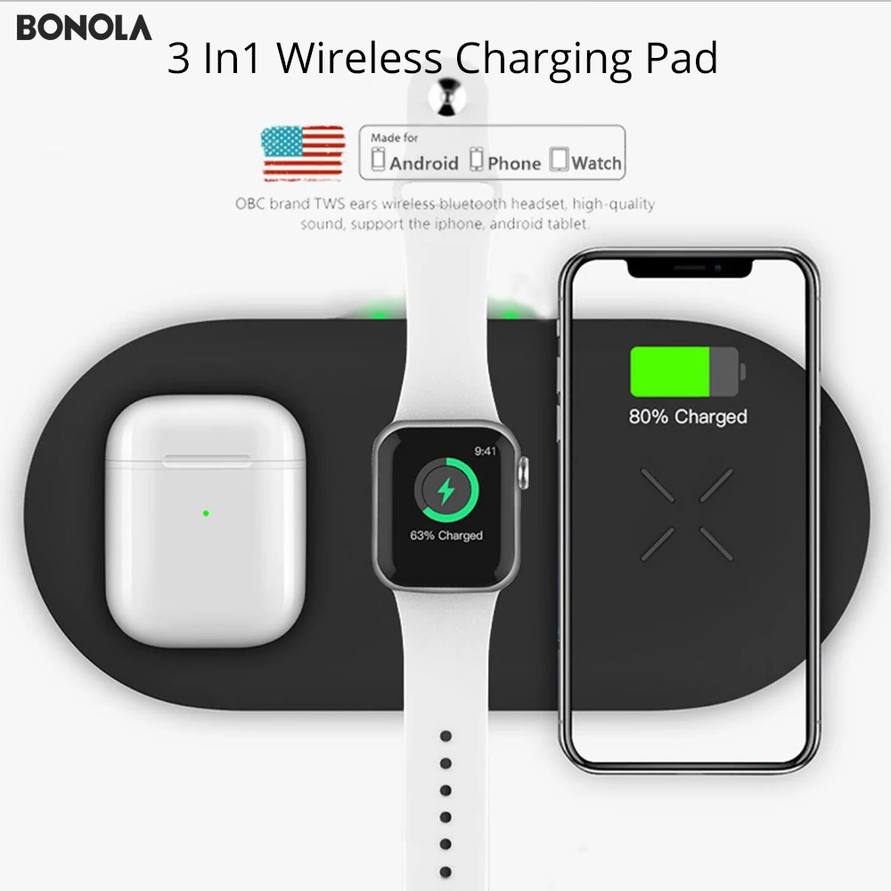 

Bonola 3 In1 Wireless Charging Pad For iPhone 12 Pro 11 8 Plus Fast Wireless Charging Stationf Dock for Apple Watch/AirPods Pro