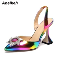 aneikeh colour pu fashion women heeled sandals pointed toe rhinestone sun flower spike heels high heel ladies shoes rome party