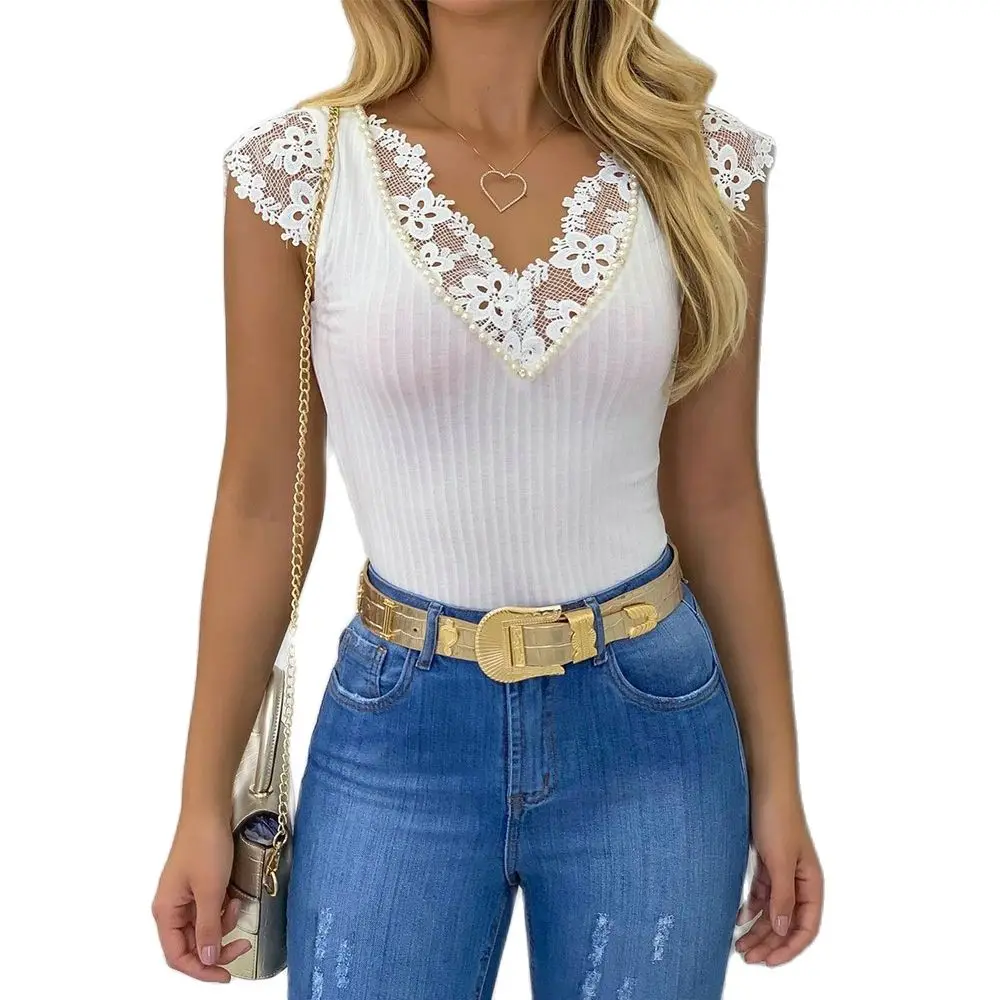 

Women T shirts 2021 Summer Lace T Shirt Slit Sleeve Women Sexy Summer V Neck Lace Patchwork Short Sleeve Slim T-shirt Loose Top