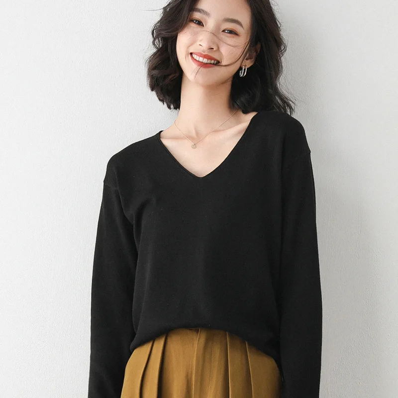

Fashion spring and autumn women thin thermal knitwear 2021 new good friend O neck V neck casual bottom shirt Casual wear Tops